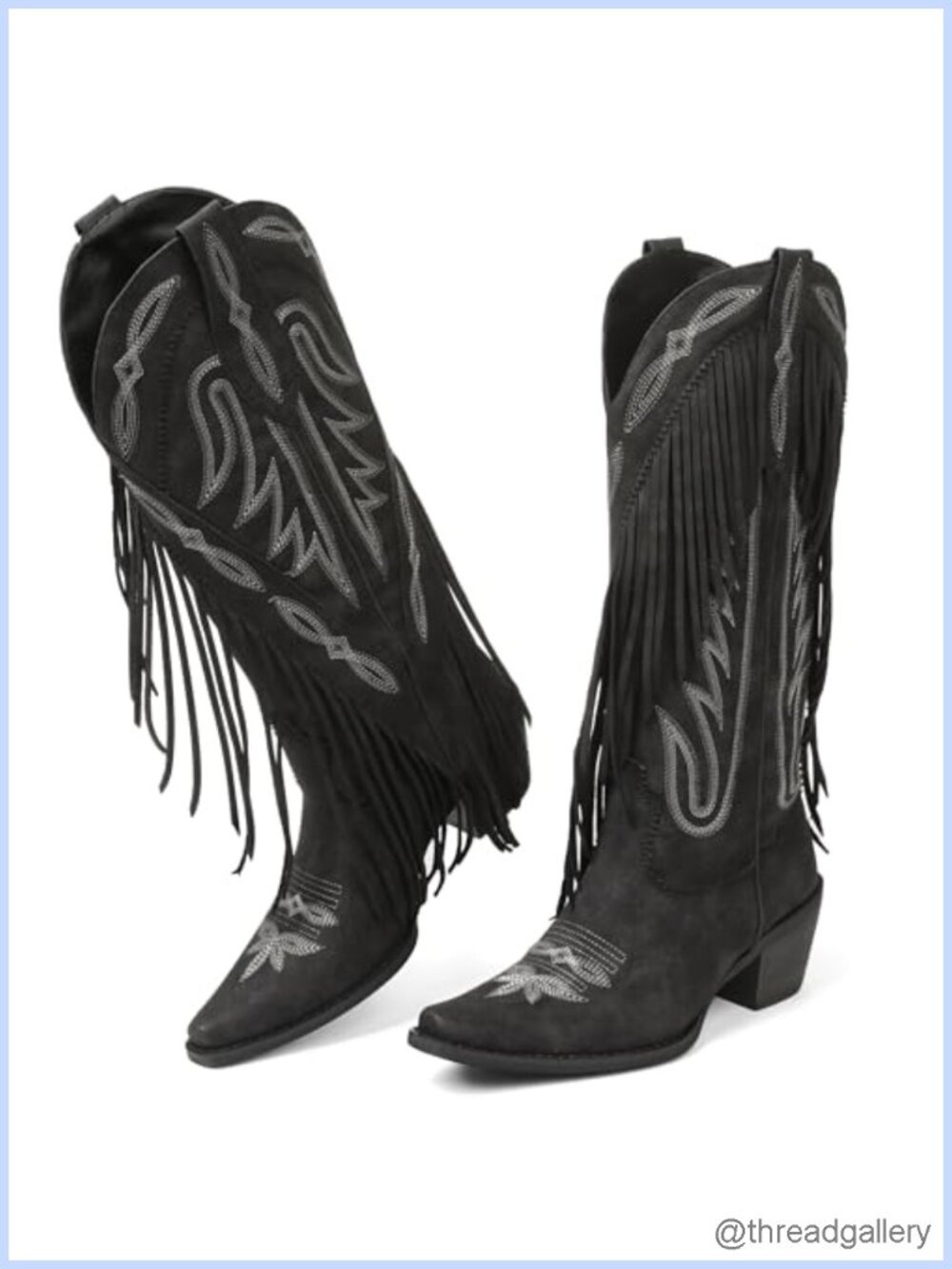Grakihily Women's Faux Suede Fringe Knee High Cowgirl Boots Block Heel